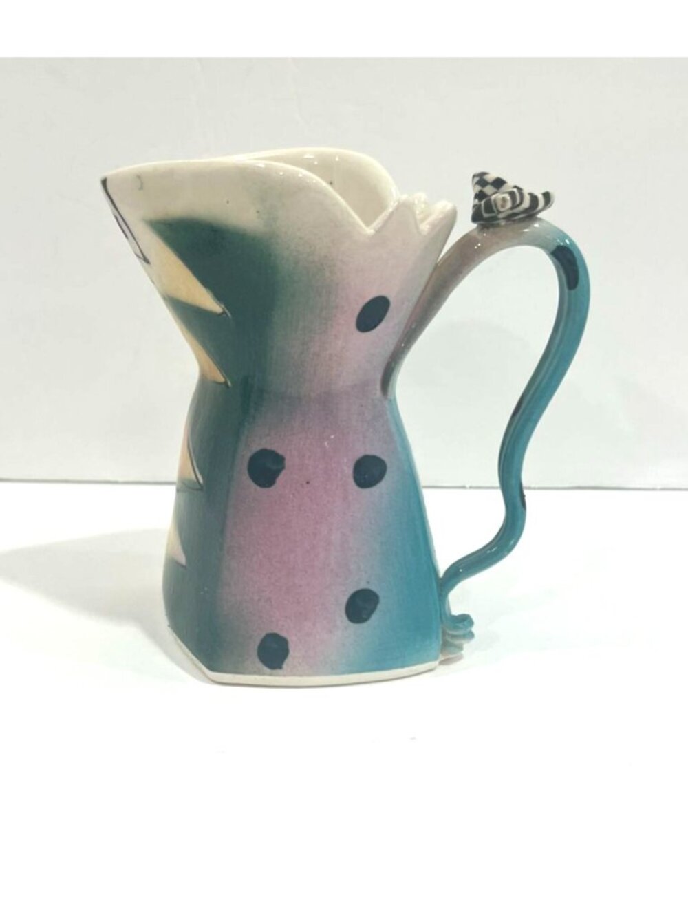 Caroline 1994 Signed Hand Painted Studio Art Pottery Pitcher Vase Postmodern